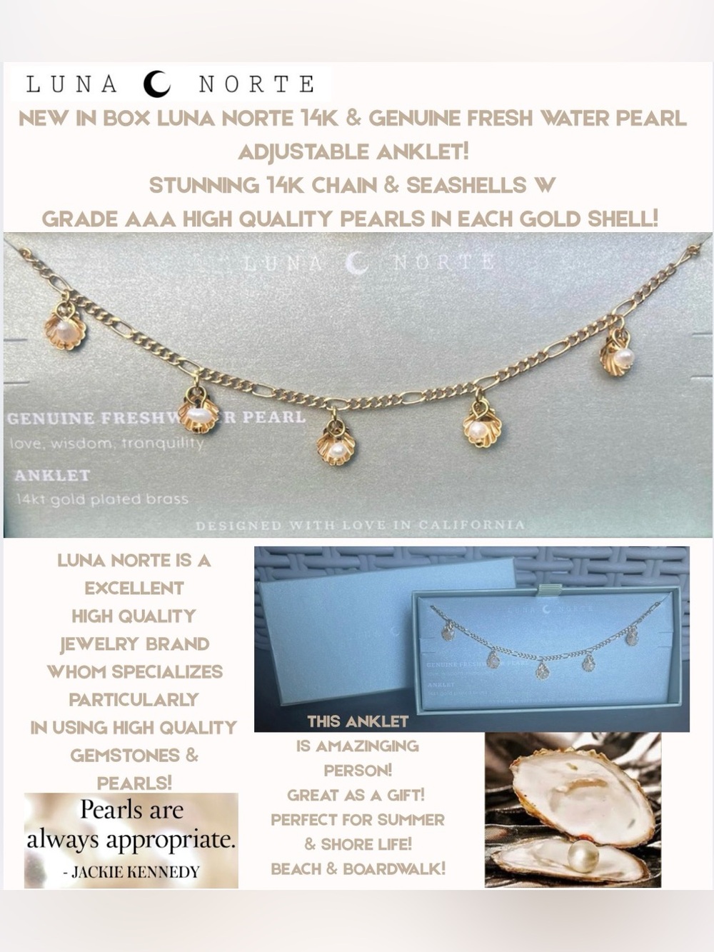 NIB LUNA NORTE 14K GOLD ANKLET CHAIN & SHELLS W/ REAL FRESHWATER PEARLS! 5 ⭐️’S!